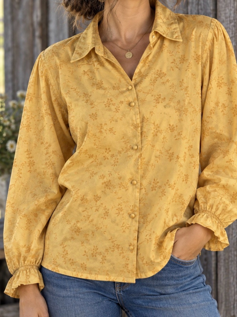 Ellison Mustard Yellow Floral Button-Front Blouse